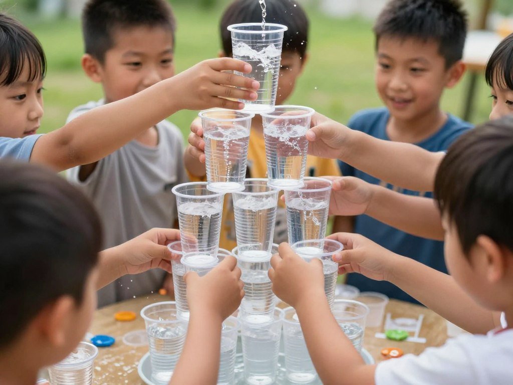 Children building pyramid from cups filled with water