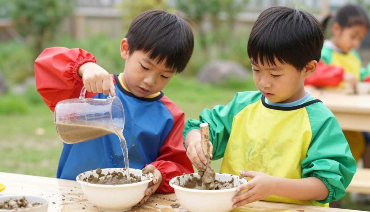 Children engaged in educational mud kitchen play developing multiple skills