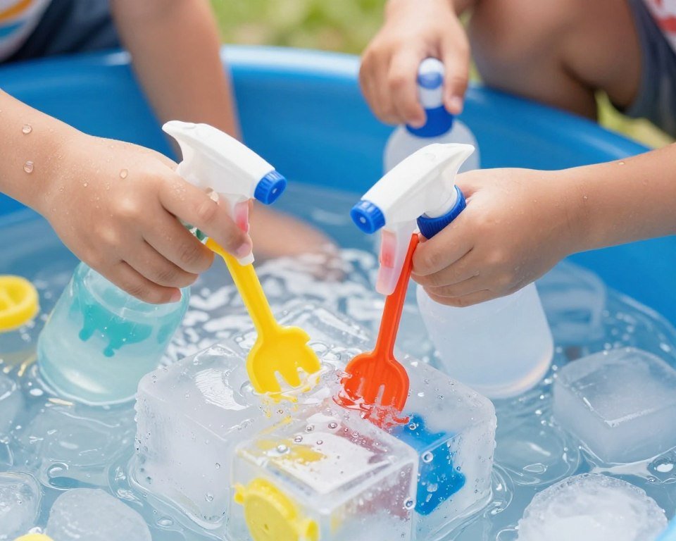 Children excavating toys from frozen ice blocks at water party