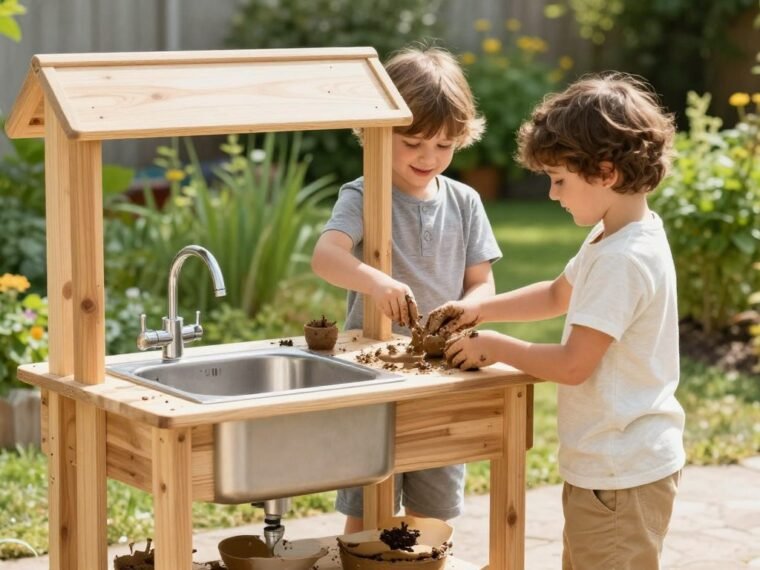 Children playing at colorful mud kitchen sink in backyard
