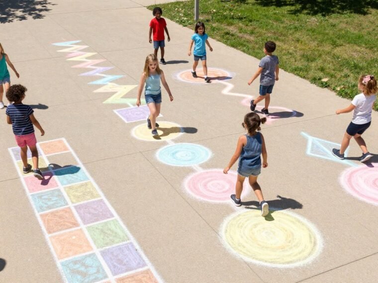 Children playing on colorful chalk obstacle course drawn on sidewalk