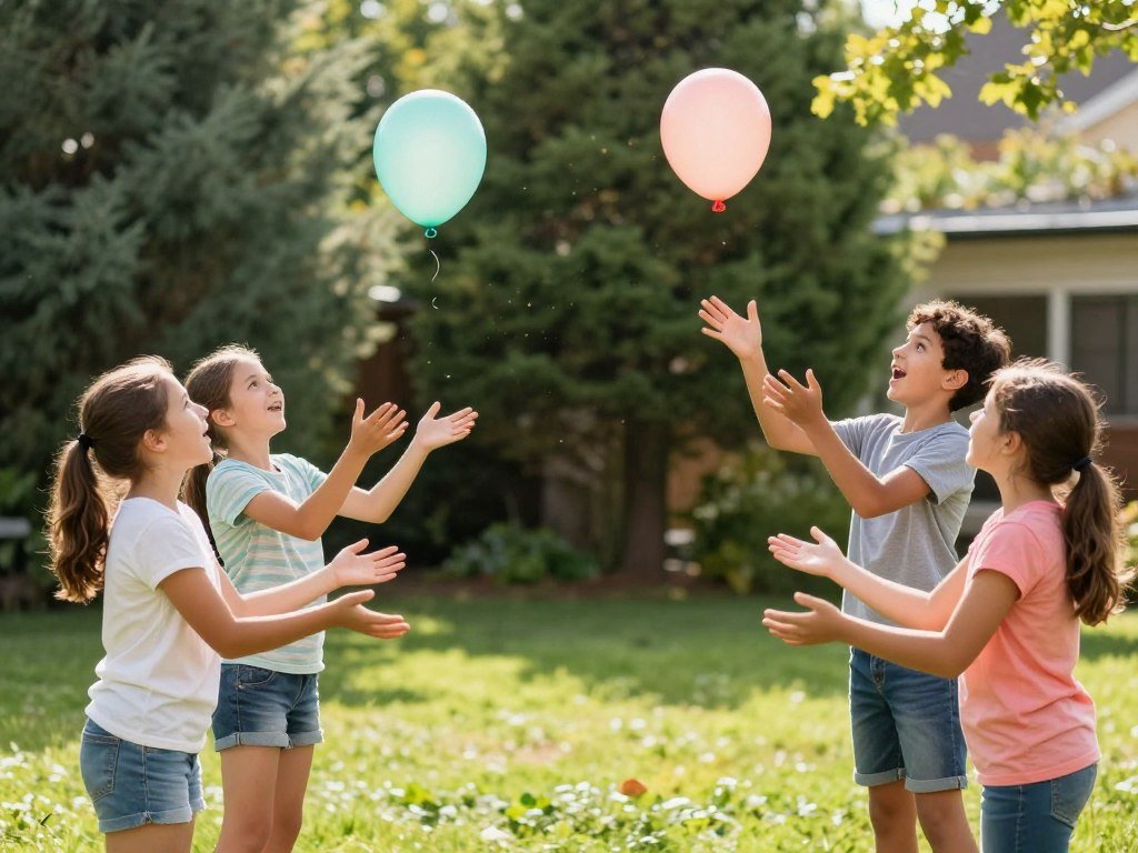 Children playing water balloon toss game at kids water party