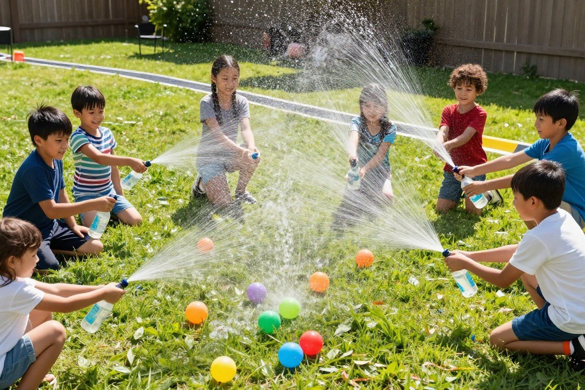 Children using spray bottles to push balls in water race game