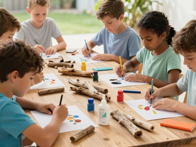 Children working together on driftwood crafts for kids at a craft table with various pieces of driftwood and art supplies