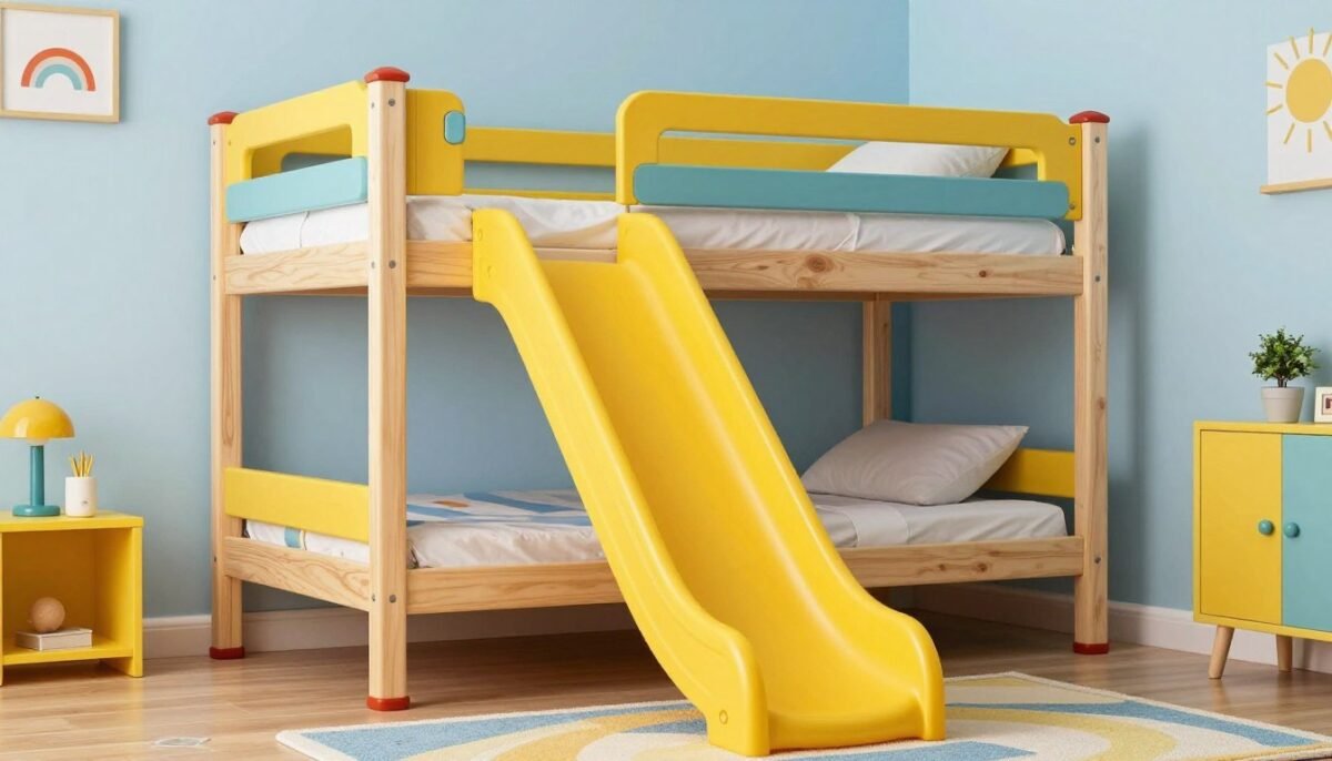 Children's loft bed with attached playground slide for fun exit