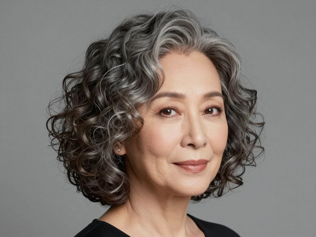 Chin-length curly bob with deep side part on woman over 60