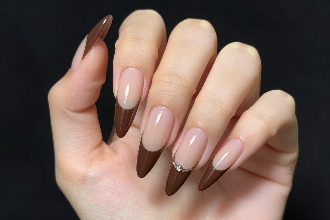 Chocolate brown French manicure on long stiletto nails with nude base