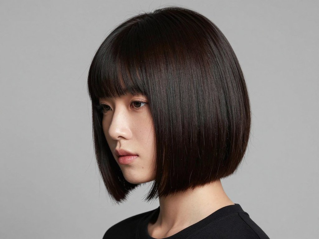Choppy asymmetrical bob showing dramatic angle on straight hair
