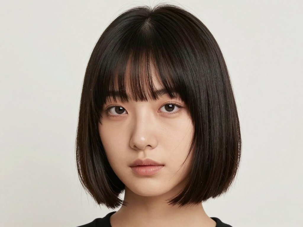 Choppy bob with blunt bangs creating bold contrast for thick hair