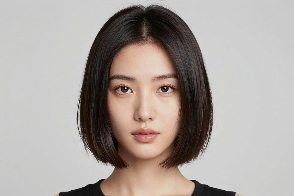 Choppy bob with center part on straight hair creating symmetry