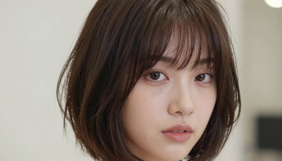 Choppy bob with curtain bangs parted in middle framing face