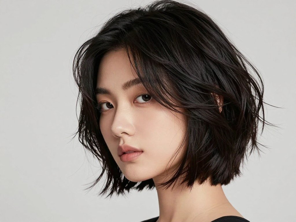 Choppy bob with deep side part creating asymmetrical volume