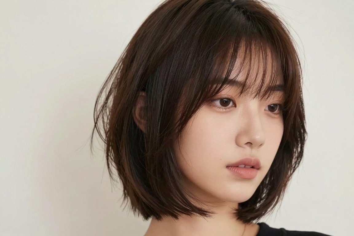 Choppy bob with feathered layers creating soft texture on straight hair