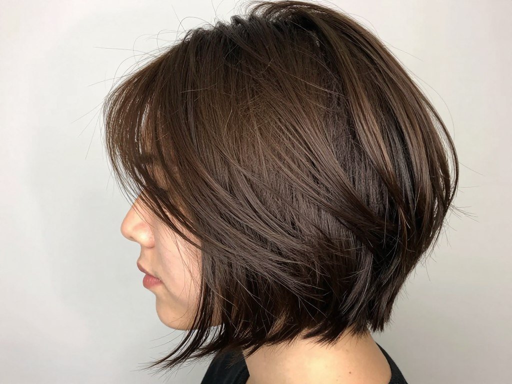 Choppy bob with layered crown adding volume to straight hair