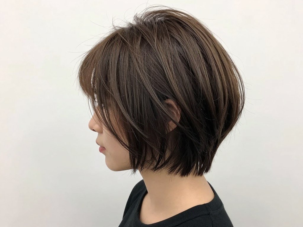 Choppy crop with long top creating contrast on straight hair