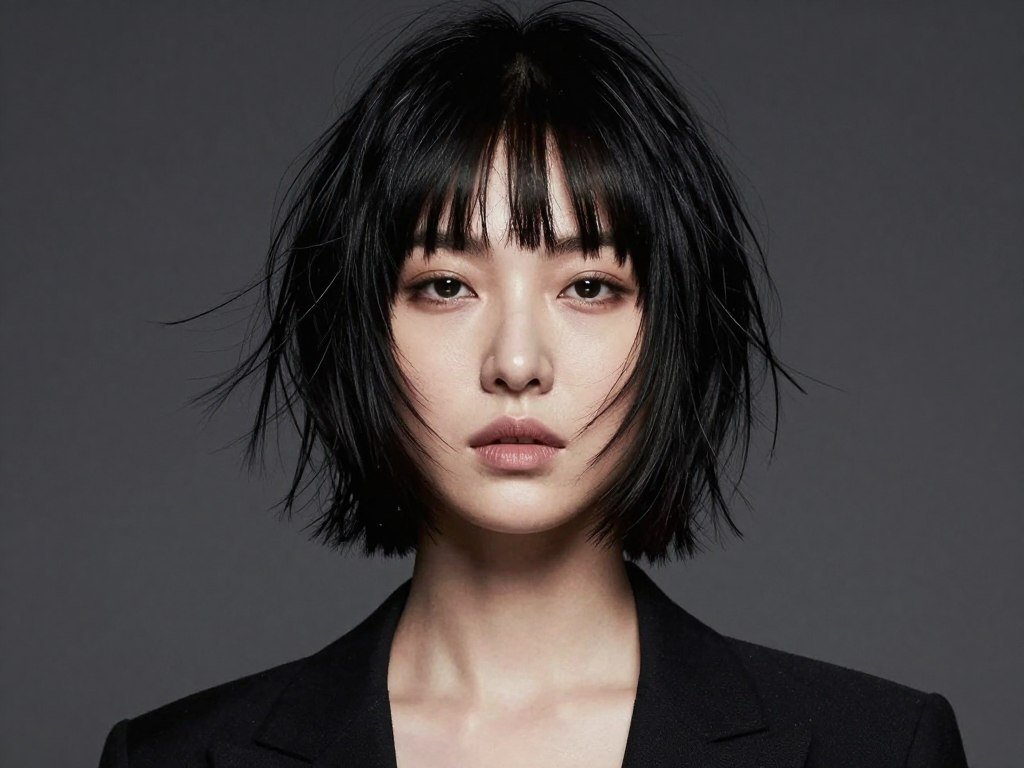 Choppy crop with micro bangs creating bold edgy statement