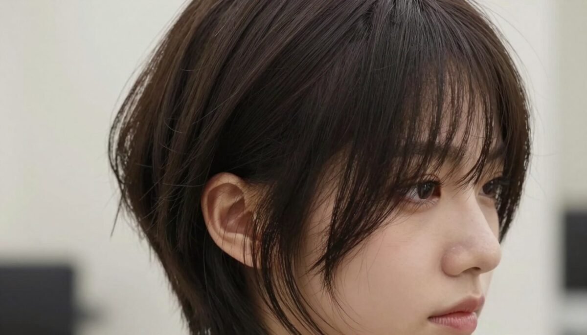Choppy crop with wispy textured bangs softening thick hair