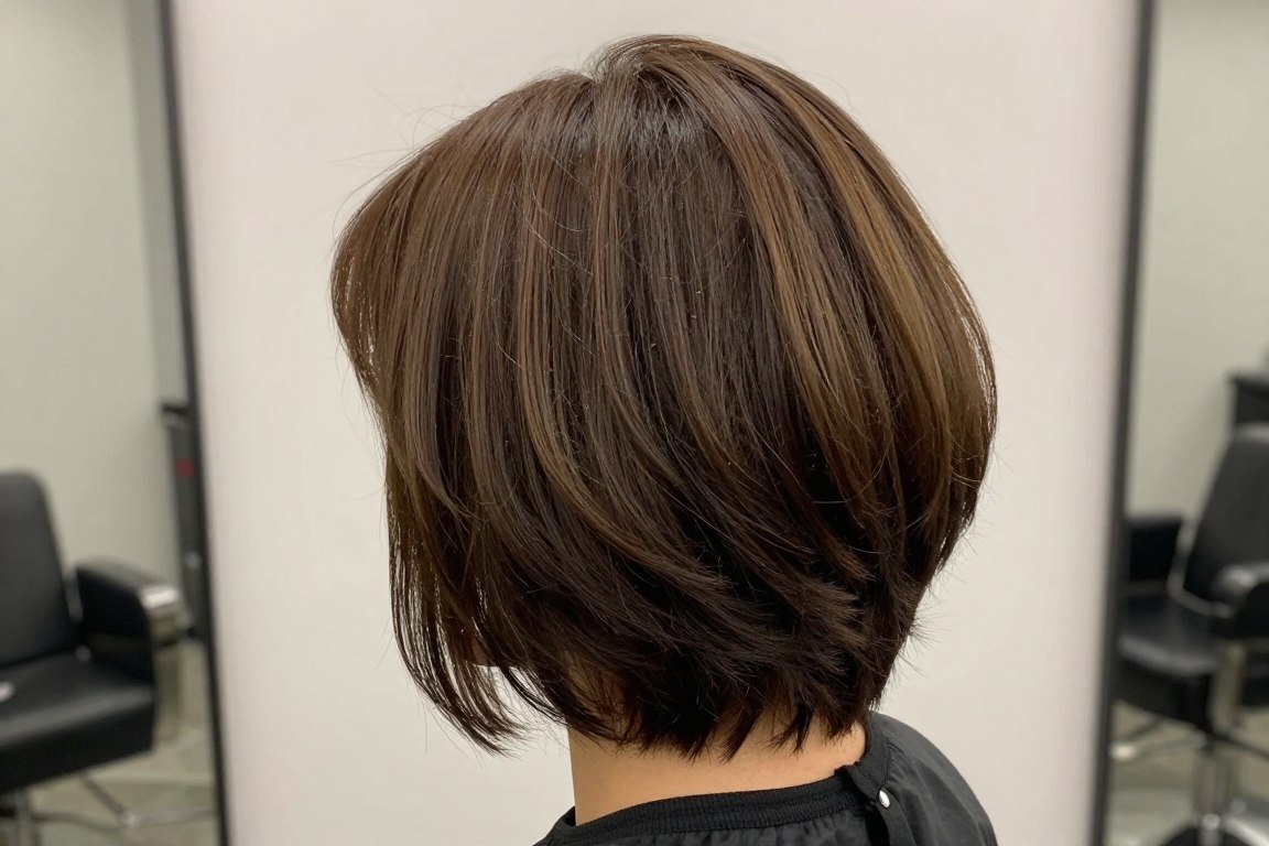 Choppy inverted bob back view showing stacked layers in thick hair