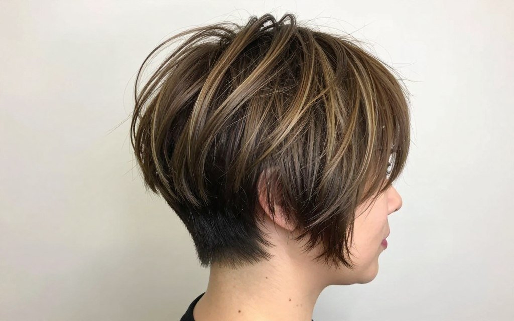 Choppy layered pixie with multiple texture levels for thick hair