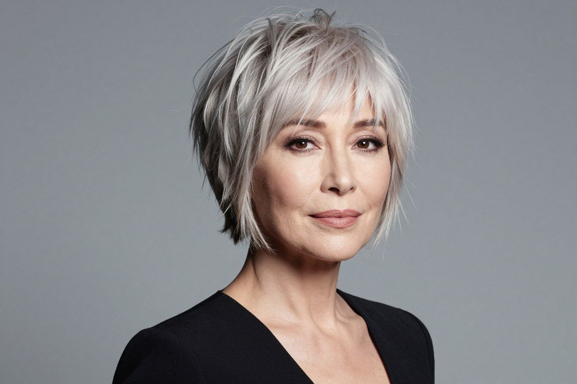 Choppy layered short haircut with bangs adding volume and texture