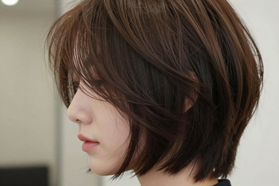 Choppy lob at collarbone length with textured layers for fine hair