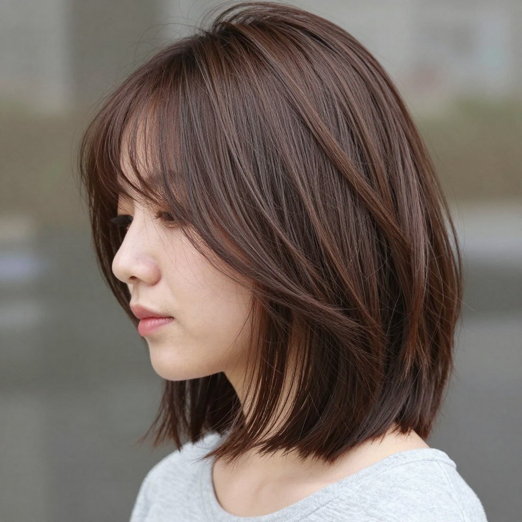 Choppy lob styled naturally showcasing straight hair texture