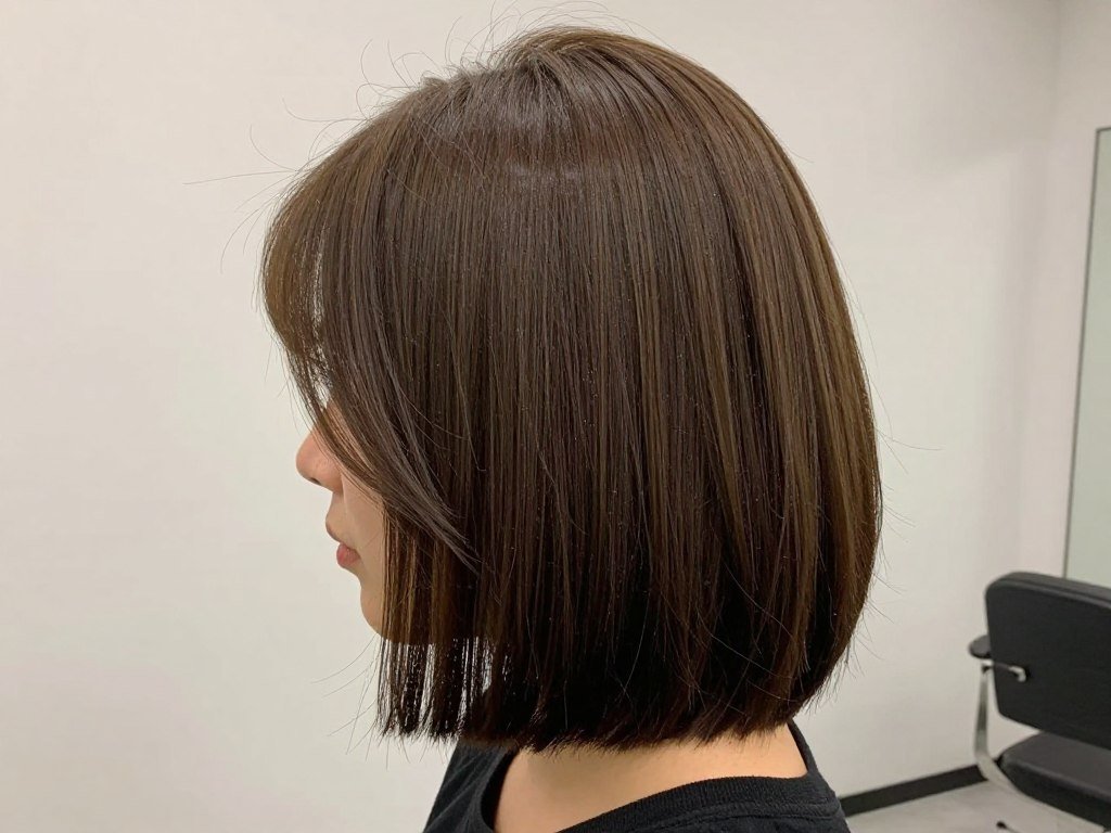 Choppy lob with blunt baseline on straight hair creating clean lines