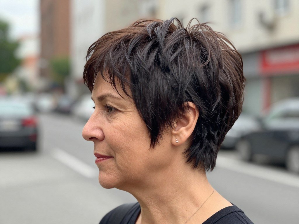 Choppy pixie cut with modern edge for women over 50