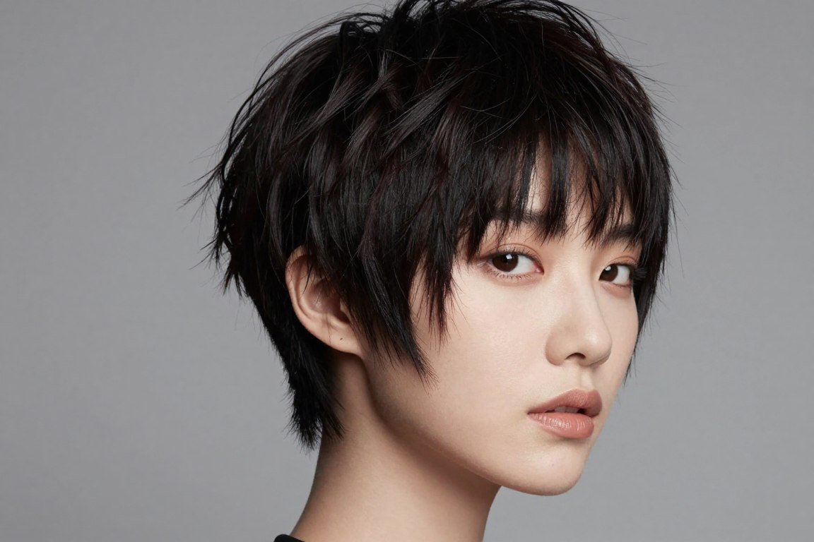 Choppy pixie with long side-swept bang for thick hair