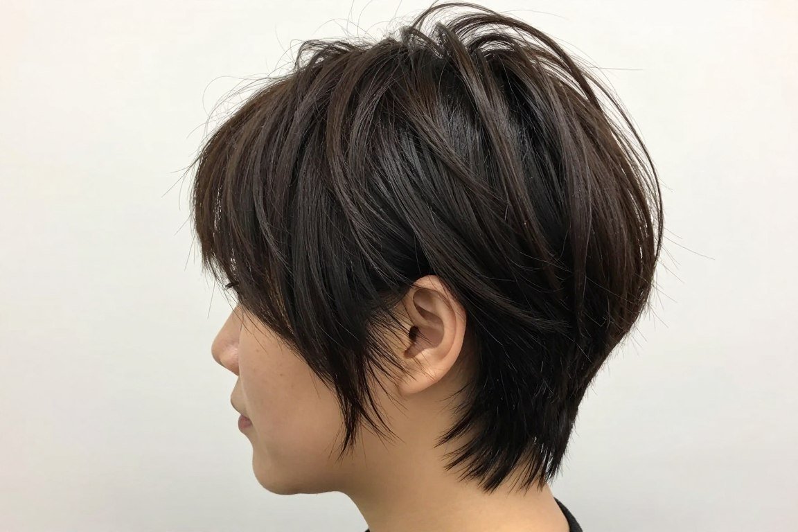 Choppy pixie with longer layers at crown adding height and volume