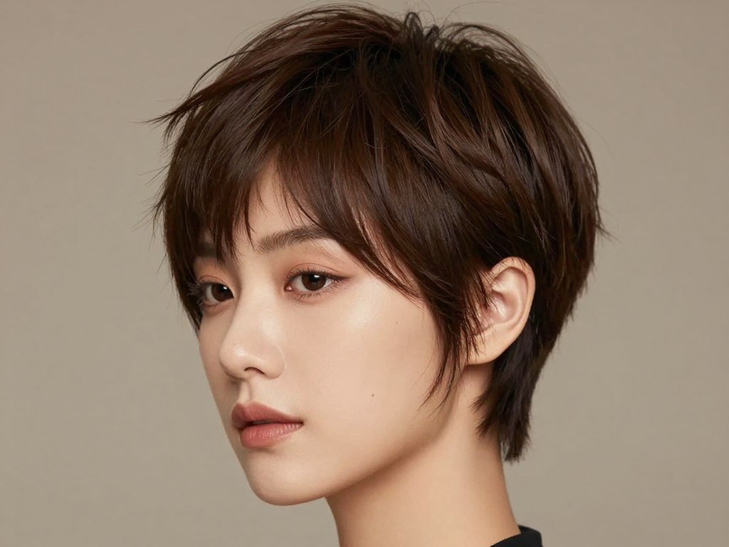 Choppy pixie with side-swept layers creating elegant asymmetry