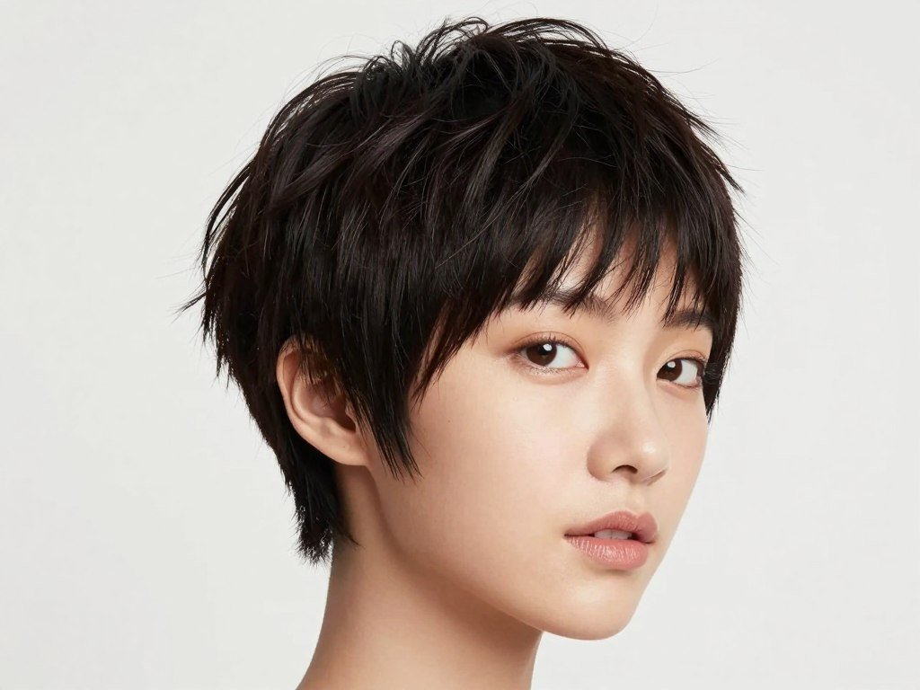 Choppy pixie with swept fringe on straight hair creating soft frame