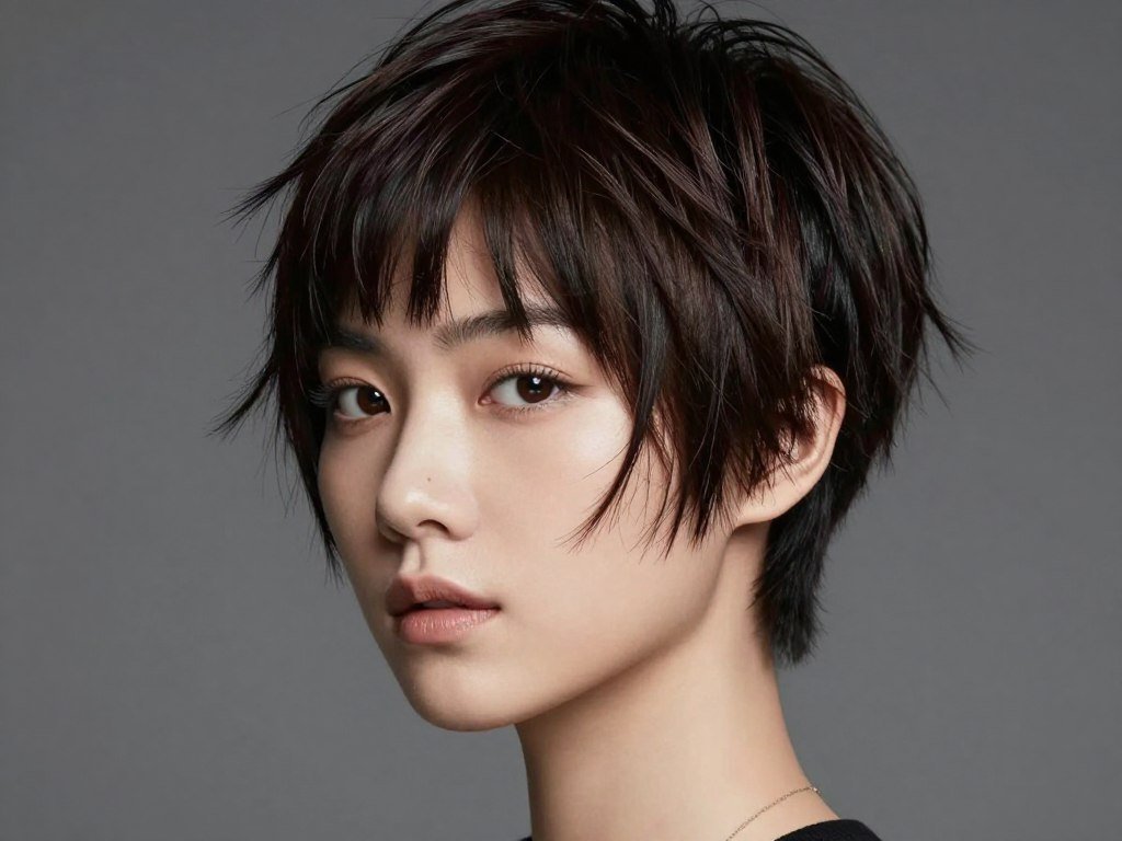 Choppy pixie with textured choppy bangs on straight hair