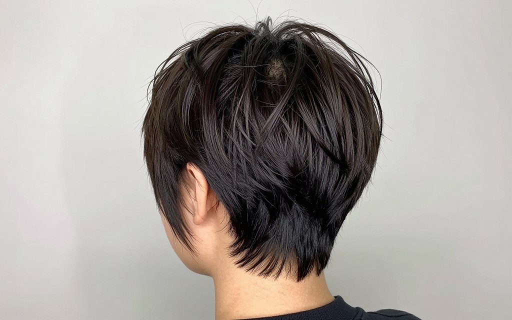 Choppy pixie with textured nape detail on straight hair