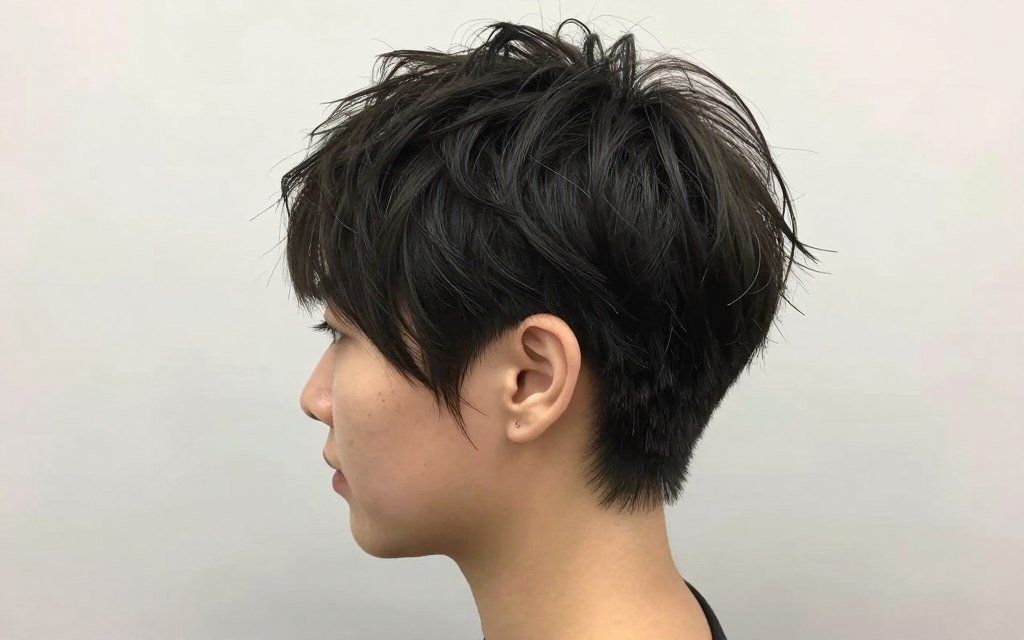 Choppy pixie with undercut sides showing textured top and clean sides