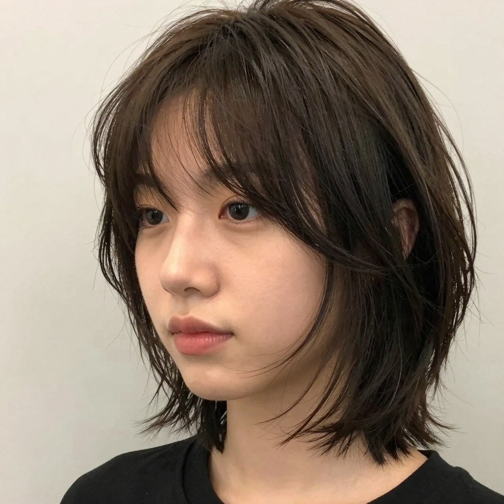 Choppy shag haircut with face-framing layers creating soft texture