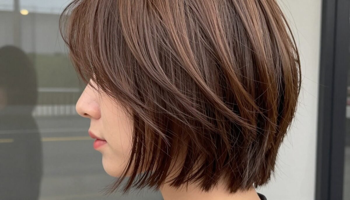 Choppy shag with multiple layers adding dimension to straight hair