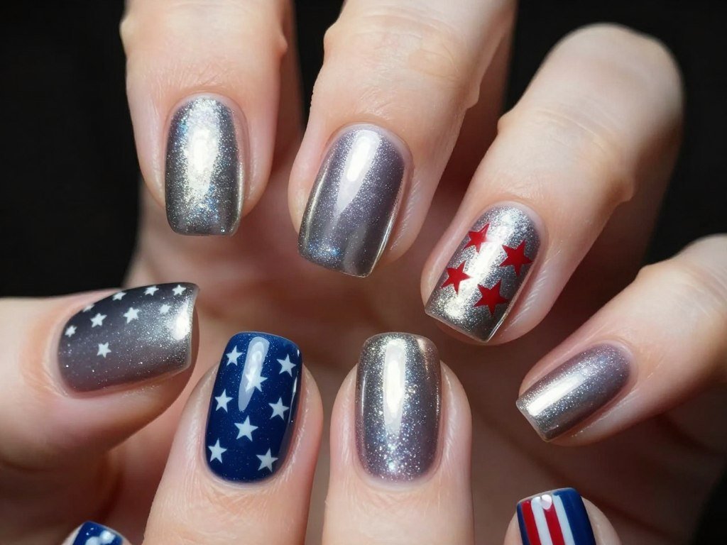 Chrome powder mirror finish accent nails for metallic 4th of July gel designs