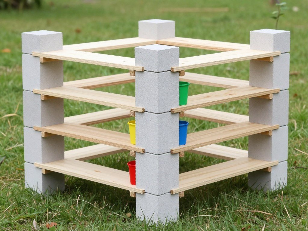 Cinder blocks and wooden boards stacked to create adjustable modular mud kitchen