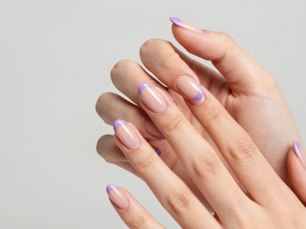 Classic French manicure with lavender tips on nude base