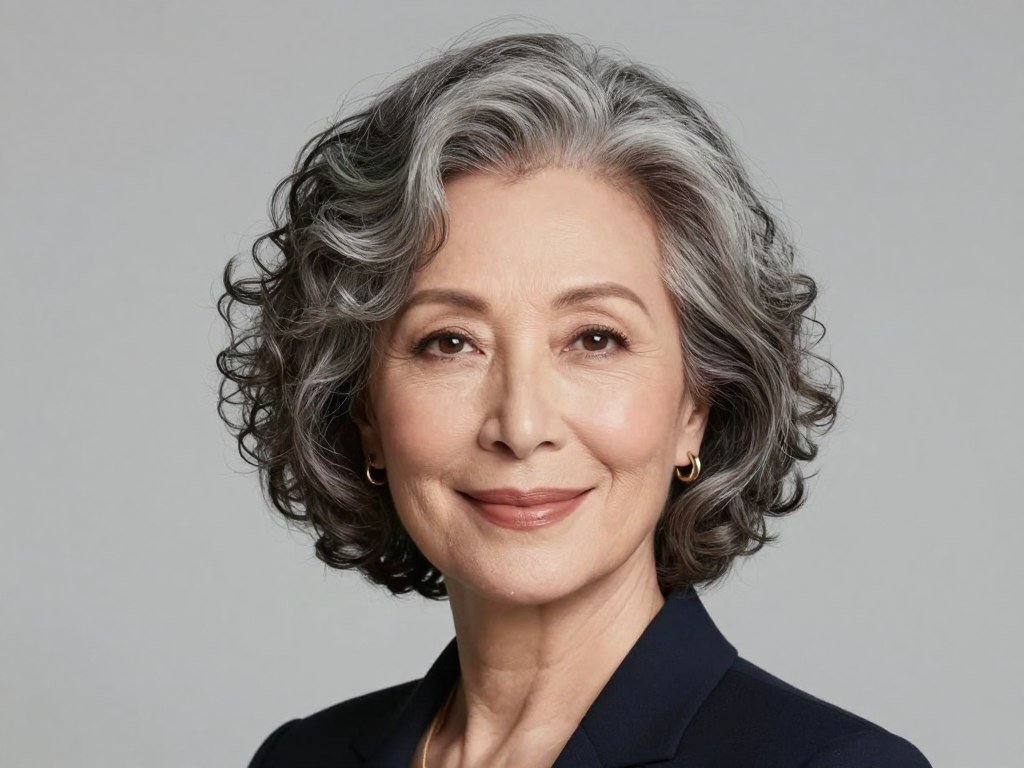 Classic chin-length curly bob on woman over 60