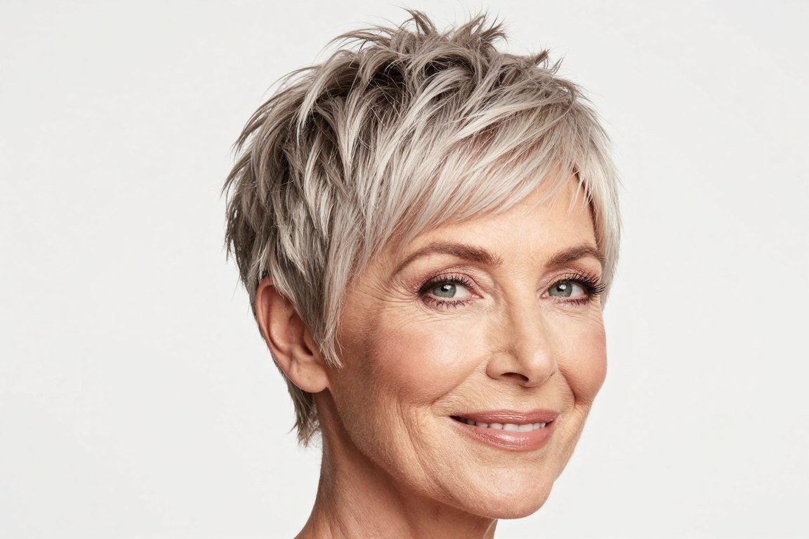 Classic pixie cut for women over 50 with fine hair showing texture and volume