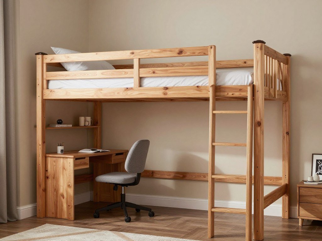 Classic twin loft bed frame with wooden posts and desk workspace below