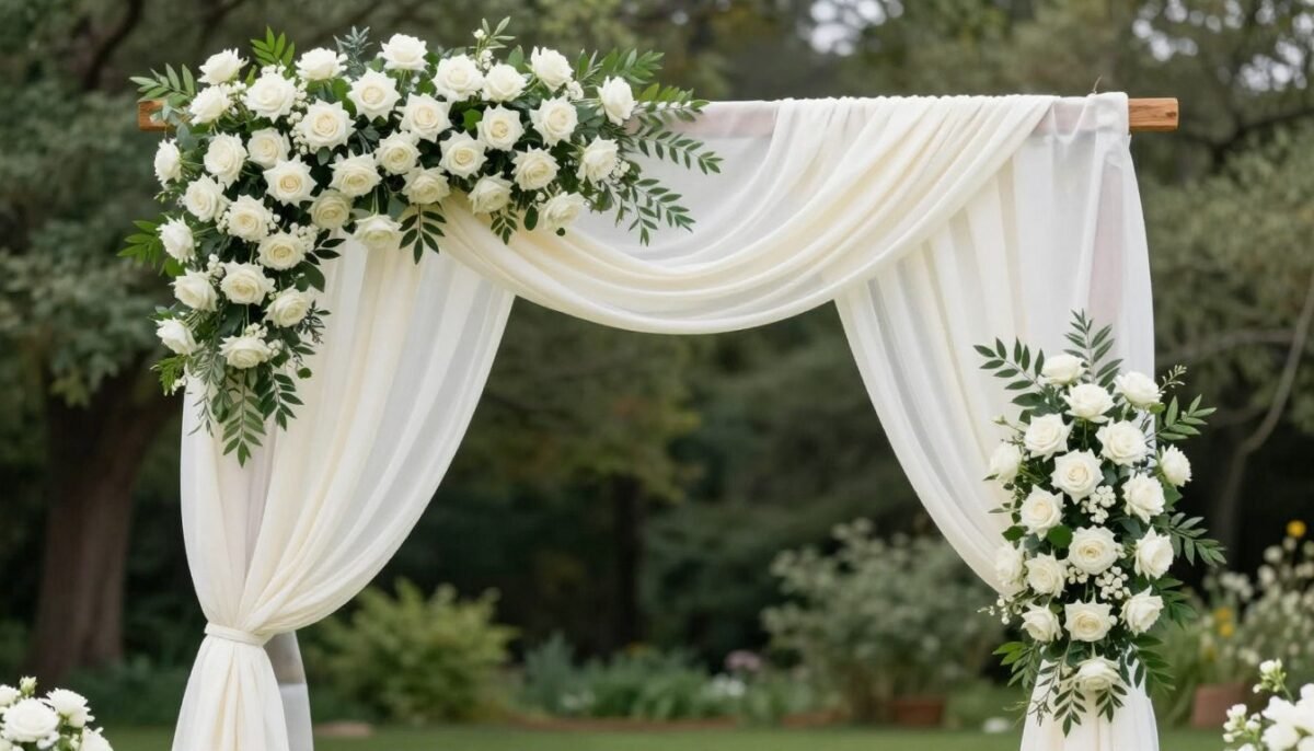 Classic wedding ceremony arch with white flowers and draping