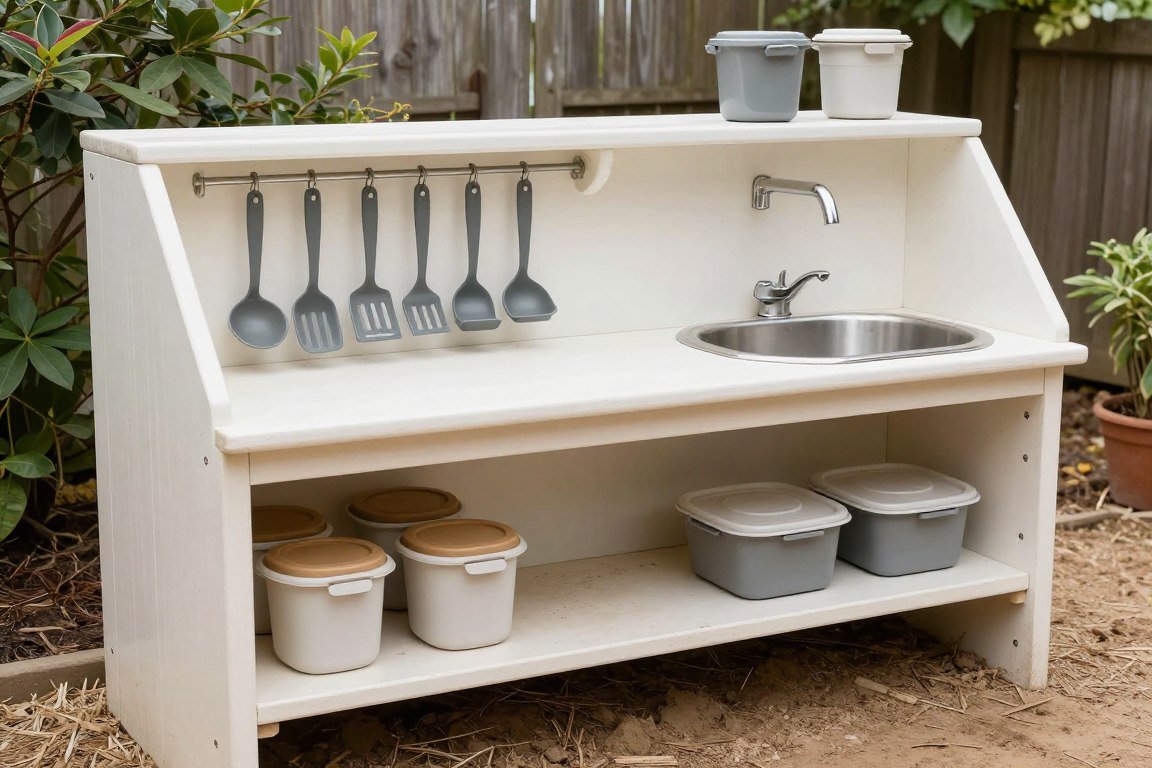 Clean organized mud kitchen showing proper maintenance and storage