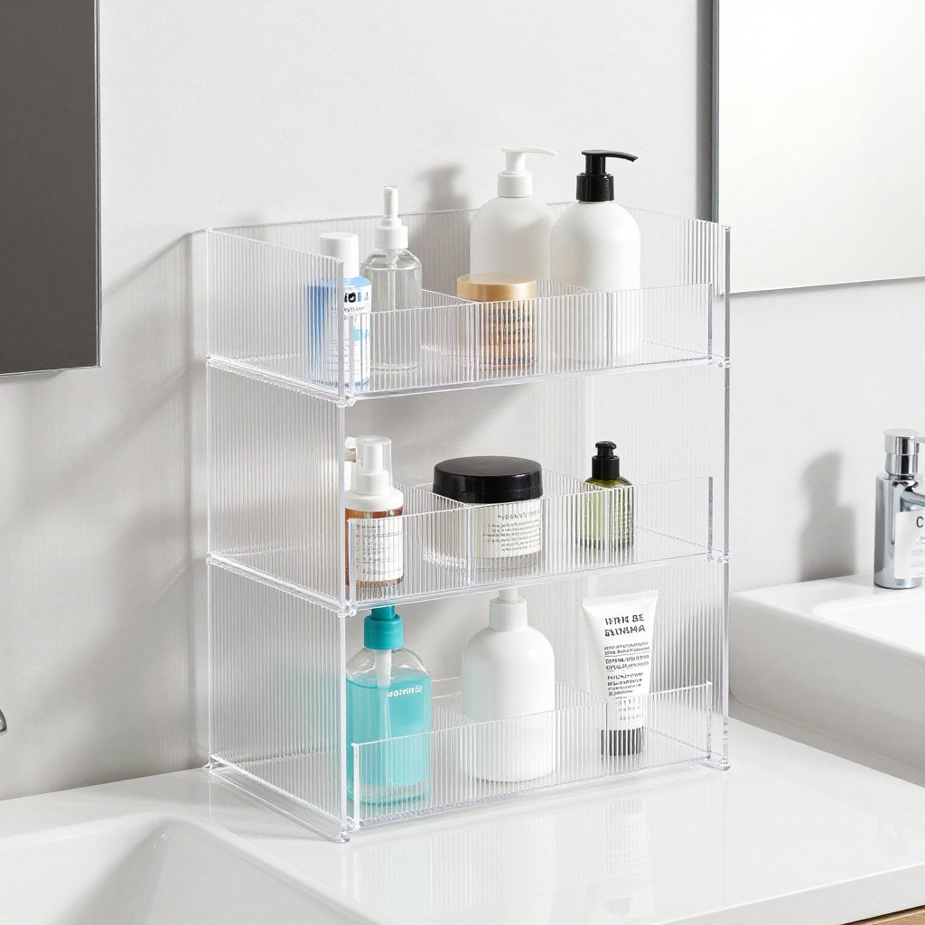 Clear acrylic bathroom organizer containers with dividers