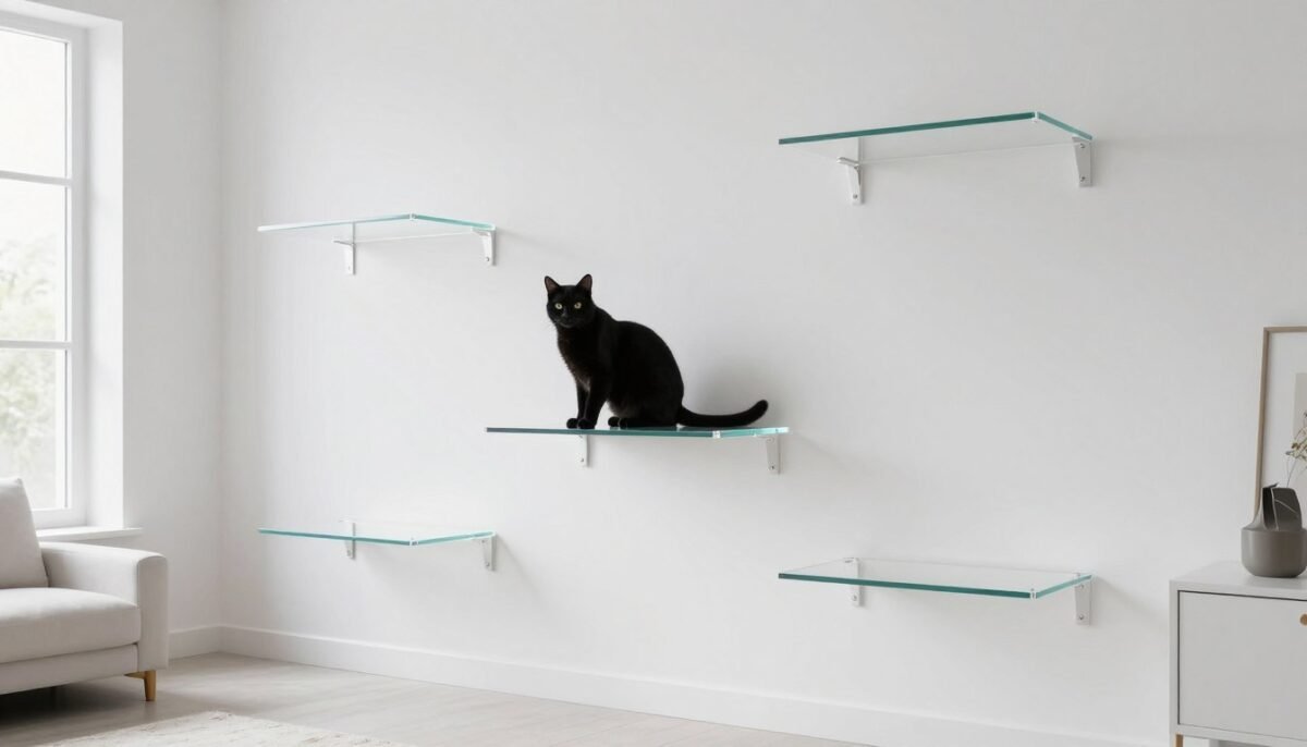 Clear acrylic cat wall shelves creating floating effect Clear acrylic cat wall shelves creating floating effect