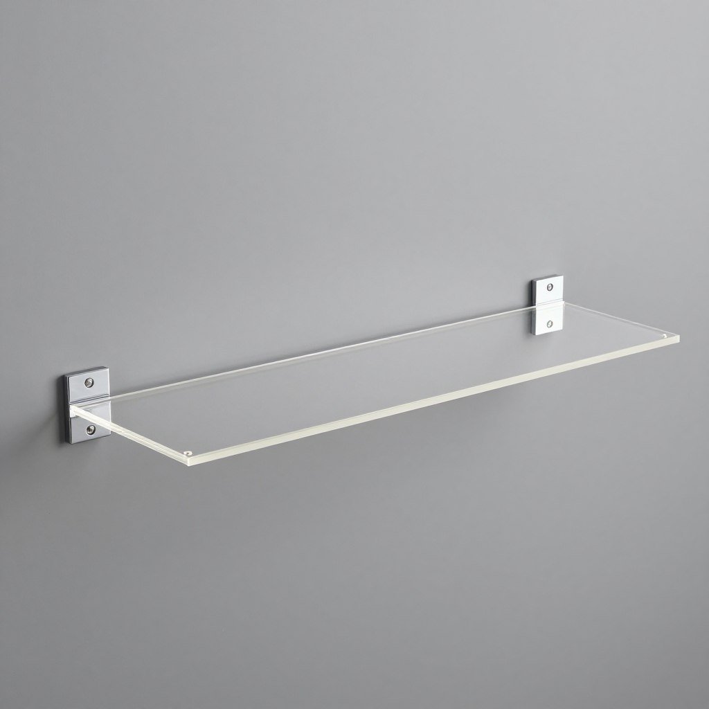 Clear acrylic floating shelf with chrome mounting brackets