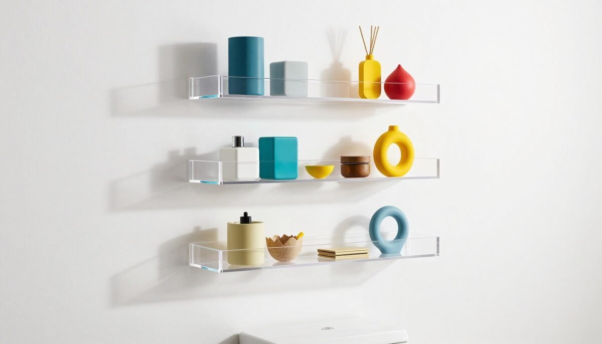 Clear acrylic floating shelves above toilet with modern decor