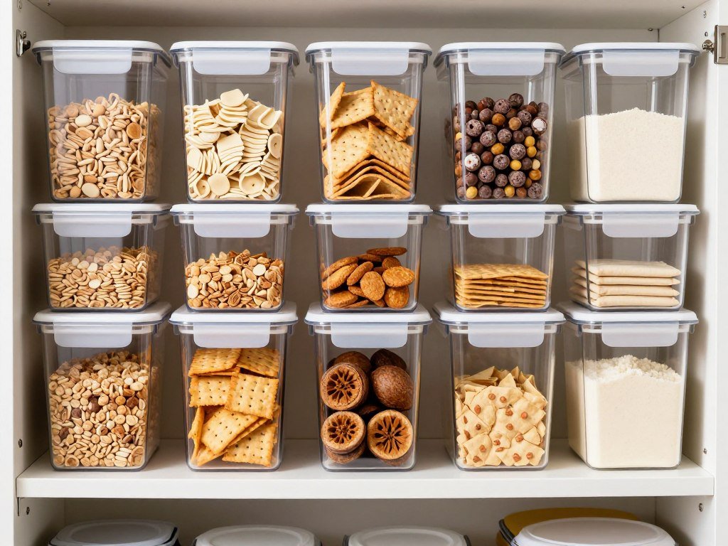 Clear airtight storage containers organizing pantry dry goods